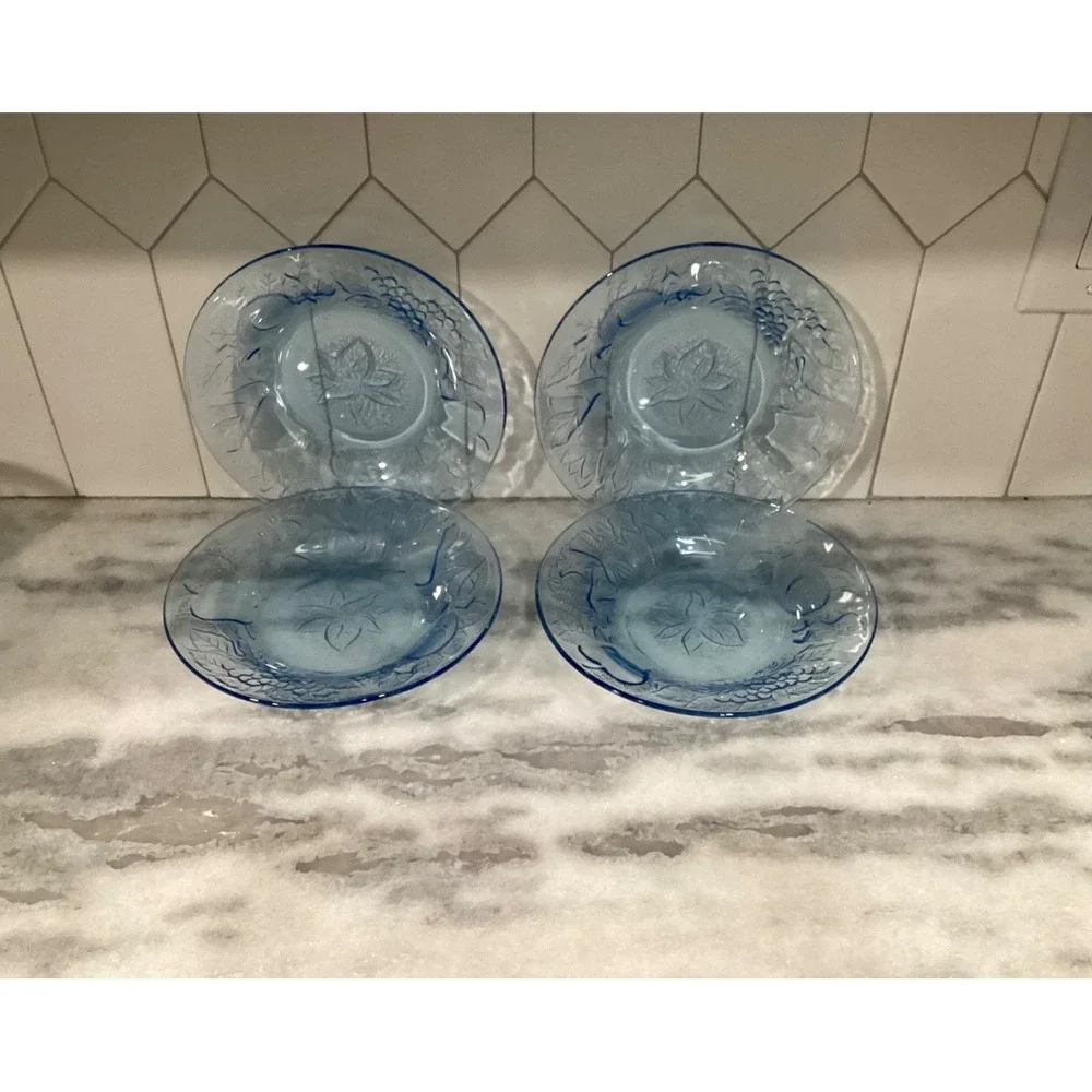 Set of 4 KIG Indonesia Poinsettia Blue Glass Plates Embossed Fruit 8.5